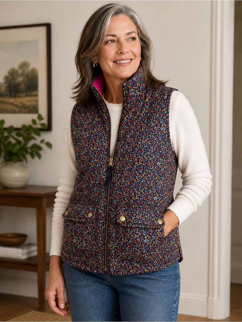 J.Crew‎ Quilted Puffer Vest | Antique Navy Multi Floral | NWT | Small |